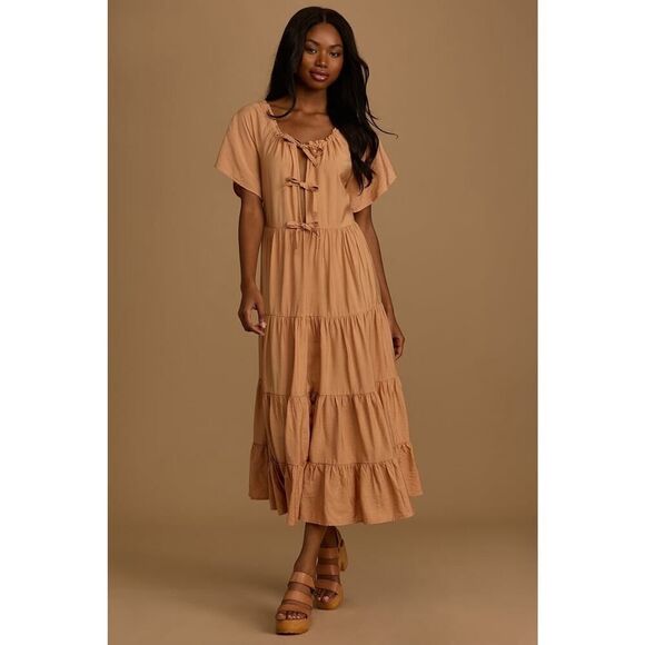 Lulus Present Moment Light Orange Bow Front Tiered Maxi Dress Small - Picture 1 of 15